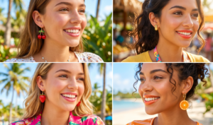 A 2x2 grid of close-up photos featuring playful, fruit-shaped earrings. Top left: Cherry drops. Top right: Pineapple studs. Bottom left: Strawberry earrings. Bottom right: Sliced citrus hoops. Each photo focuses on the ear and the bright summer lighting.