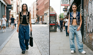 Two women styling high fashion with streetwear by wearing tailored, metallic-embroidered Mexican Charro-inspired cropped vests contrasted with oversized Y2K skater jeans.