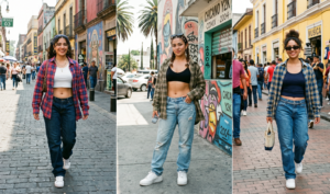 Three women modeling classic Chicano 2000s streetwear featuring completely unbuttoned oversized flannel shirts, tiny crop tops, baggy low-rise jeans, and white sneakers.