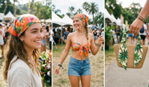 A 16:9 horizontal triptych collage showing different ways to style a bandana. Left panel: A girl with a red headscarf. Center panel: Bandana worn as a strapless Y2K top. Right panel: A patterned bandana tied to the handle of a straw mini bag.