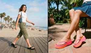 Two-panel image featuring chunky early 2000s platform thong sandals, showing a black pair with cargo capris and a colorful pair with a pleated mini skirt.