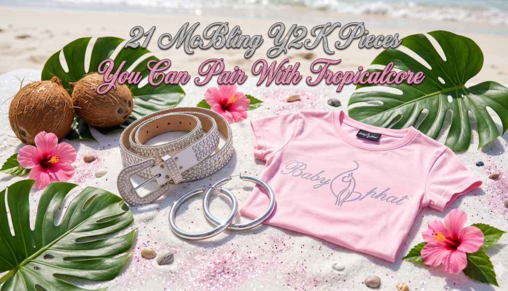 "Y2K McBling and Tropicalcore fashion flat lay on a sandy beach, featuring a rhinestone belt, silver hoops, a pink graphic tee, tropical leaves, and hibiscus flowers. Text reads: 21 McBling Y2K Pieces You Can Pair With Tropicalcore."