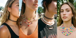 Four-panel grid showcasing playful Y2K summer jewelry, featuring black stretchy tattoo chokers layered with colorful DIY seed bead and charm necklaces.