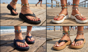 Four-panel grid showing close-ups of feet wearing chunky 2000s platform flip-flops, styled with multiple stacked metallic toe rings and beaded anklets.