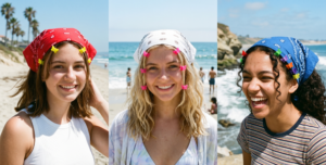 Three-panel collage showing folded bandanas tied over hair and anchored securely to the front hair pieces using colorful mini plastic butterfly clips.