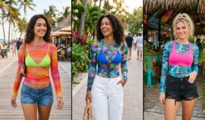 Collage of three women wearing sheer, tropical-printed mesh long-sleeve tops layered over high-contrast neon bralettes.