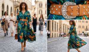 Wide rhinestone studded belt cinching a flowy tropical print shirtdress at the waist.