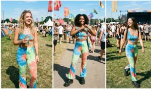 Matching tropical tie-dye two-piece sets and platform boots, a psychedelic Y2K summer festival look.