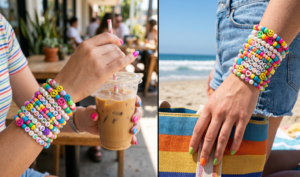 Split-screen showing close-ups of wrists stacked with colorful, beaded Y2K phone charms repurposed and worn as micro-bracelets.
