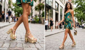 Gold crystal platform sandals paired with a deep forest green tropical print mini dress.