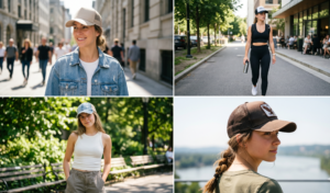 In a series of images, the first shot captures a smiling woman wearing a denim jacket over a white t-shirt, walking confidently. The second image shows another woman in a black crop top and athletic leggings, carrying a backpack and looking at her phone. The bottom left image features a woman in a white tank top and cargo pants looking directly at the camera. The final shot is a close-up profile of a woman wearing an olive-green top and a brown cap with an eagle logo.