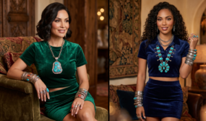 Two women wearing rich emerald and navy Y2K short-sleeve velvet matching sets, heavily accessorized with chunky Mexican silver bangles and turquoise pendant necklaces.