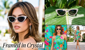 Rhinestone cat-eye sunglasses worn with a tropical halter dress for a Y2K aesthetic.