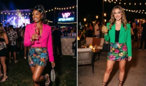 Tropical print sequin mini skirts paired with structured cropped blazers for a glamorous Y2K festival after-party look.