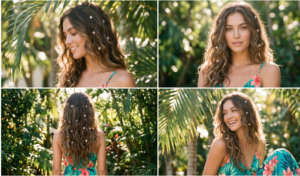 Crystal star hair pins styled in loose beach waves with a tropical print maxi dress.