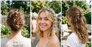 Three-panel beauty collage showing early 2000s hair accessories, featuring a large claw clip holding a French twist and pastel mini butterfly clips.