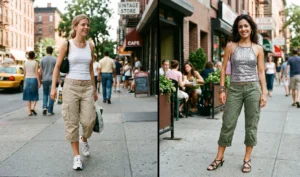 Split photo showcasing two casual summer outfits with cargo capri pants, one in khaki paired with a ribbed tank top and another in olive green with a sparkly halter top.