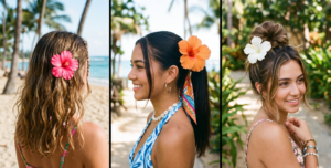 A 16:9 triptych collage of candid photos capturing Y2K-inspired tropical hairstyles. On the left, a girl with messy beach waves wears a hot pink hibiscus flower. In the center, a sleek ponytail is adorned with an orange hibiscus. On the right, a girl sports a casual bun with a white hibiscus flower.