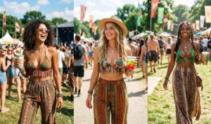 3 women wearing fringed tropical bikini tops and wide-leg boho pants at a summer music festival, Y2K festival fashion trends 2026.