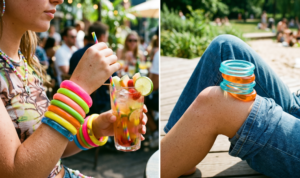 A 16:9 vertical split image focusing on chunky Y2K resin bangles. The left panel is a close-up of a girl's wrist stacked with neon pink and lime green bangles. The right panel shows aqua blue and orange bangles resting on a knee in low-rise jeans.
