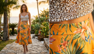 Silver crystal embellished crop top paired with a mango orange high-waisted tropical print skirt.