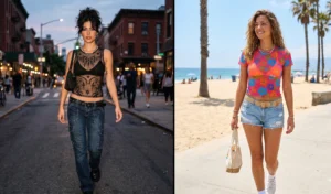 Two-panel photo of breathable sheer mesh overlay tank tops with bold 2000s prints, layered over a bralette and a bikini top for summer.