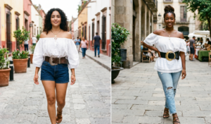 Two women wearing breezy white cotton off-the-shoulder Mexican blouses that are aggressively cinched at the waist with massive, chunky Y2K leather statement belts.