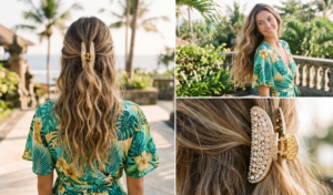 Large gold rhinestone claw clip securing a half-up hairstyle with a tropical wrap dress.