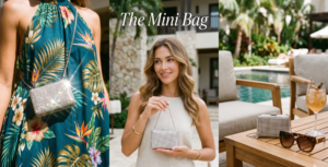 Silver crystal pave mini bag paired with a deep teal tropical halter dress.