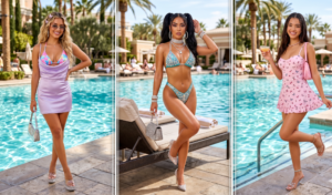 Collage of glamorous Y2K pool fashion including a satin mini dress, rhinestone bikini, and skirted one-piece.
