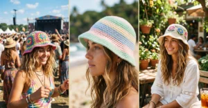 Three-panel collage featuring textured summer crochet bucket hats, including colorful granny square, striped, and floral bohemian designs.