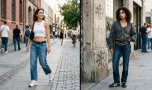 A side-by-side comparison shows the left panel featuring a woman in a low-rise, wide-leg denim jean with a white crop top, carrying a black bag and walking down a cobblestone street. The right panel displays another woman in a dark grey hoodie and loose-fitting jeans, posing near a wall with graffiti on it.