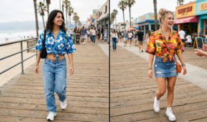 Split-screen of two women wearing oversized Hawaiian shirts tied into crop knots over low-rise jeans and a denim skirt, showcasing Y2K tropicalcore style.