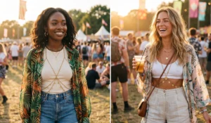 Gold Y2K body chains worn under sheer tropical overshirts and high-waisted shorts at a golden hour music festival.