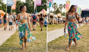 Draped tropical sarong skirts paired with embellished bralettes for an elegant global Tropicalcore festival look.