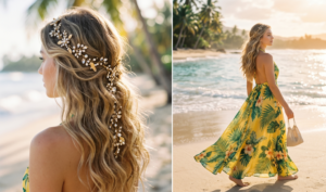 Gold rhinestone hair vine threaded through beach waves, styled with a tropical halter dress.