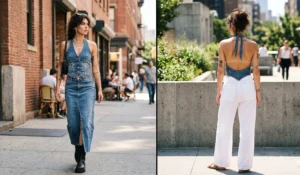 Two photos of backless denim halter vests worn as summer tops, styled in a double denim look with a maxi skirt and with white linen pants.
