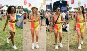 Sporty Y2K festival outfits featuring color-blocked tropical biker shorts sets and white platform trainers.