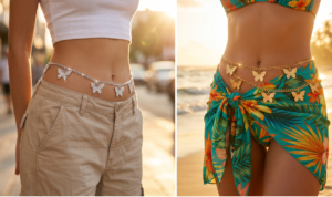 A 16:9 vertical split image of women wearing butterfly belly chains during golden hour. The left panel shows a silver chain with rhinestone charms over baggy cargo pants. The right panel shows a gold chain worn over a tropical sarong at the beach.