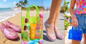 Four-panel image highlighting nostalgic summer jelly accessories, including pink glitter jelly sandals, neon clear jelly bags, and transparent flats.