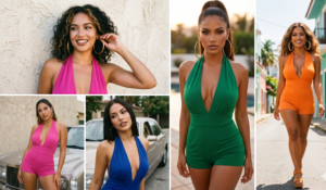 Four women channeling 2000s Latina pop culture glamour wearing vibrant halter-neck rompers, massive gold hoop earrings, and glossy lips with dark brown lip liner.