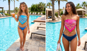Two women at the pool wearing trendy Y2K paisley bandana tops and bikini bottoms.