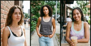 A woman walks through a cobblestone alley, followed by another smiling woman walking in a city center, and finally, a woman with a gold necklace and multiple bracelets sitting at a table.