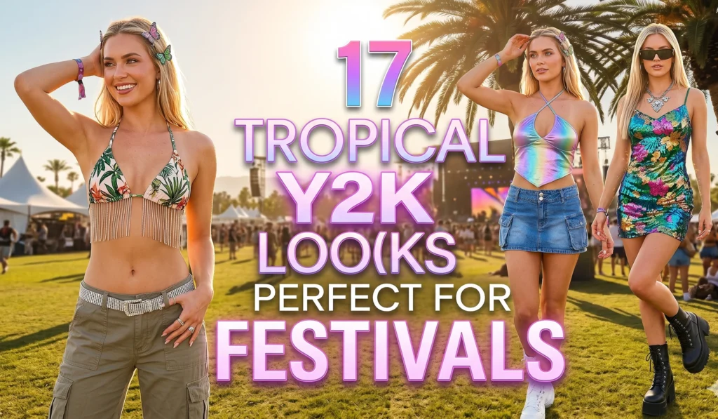 "Three trendy young women wearing vibrant Y2K tropical festival outfits at a sunny outdoor music festival, with text reading '17 Tropical Y2K Looks Perfect for Festivals'. The ultimate 2026 summer festival style guide."