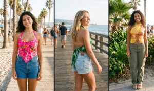 Collage of three women wearing brightly colored tropical sarongs folded and tied into stylish backless halter and keyhole tops.