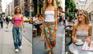 A split-screen image showing three women styling Y2K smocked tube tops in pink, white, and floral patterns with baggy jeans and skirts for summer.