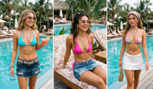 Three different poolside looks featuring early 2000s style denim mini skirts paired with bikini tops.