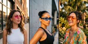 Three different women are featured in distinct settings. The first woman walks down a city street in a white t-shirt and pink sunglasses. The second woman poses indoors in a black crop top and blue reflective sunglasses. The third woman smiles while wearing an orange floral shirt and orange-tinted sunglasses.