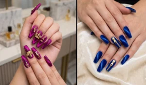 A two-panel image displaying luxurious Y2K velvet textured nails in rich magenta and royal blue, deeply embedded with heavy 3D gold crown charms and tiny zipper pendants.