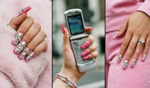 A three-panel photo collage showcasing long hot pink acrylic nails heavily encrusted with chunky clear crystals and silver rhinestones, representing the glamorous 2000s McBling junk nail aesthetic.